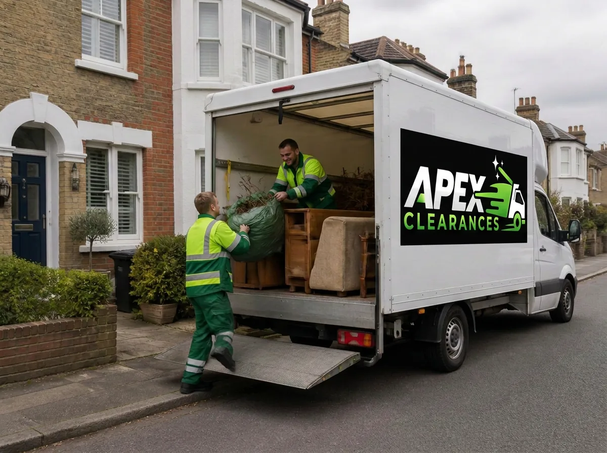 Apex Clearances crew loading furniture and garden waste into a green and yellow removal van