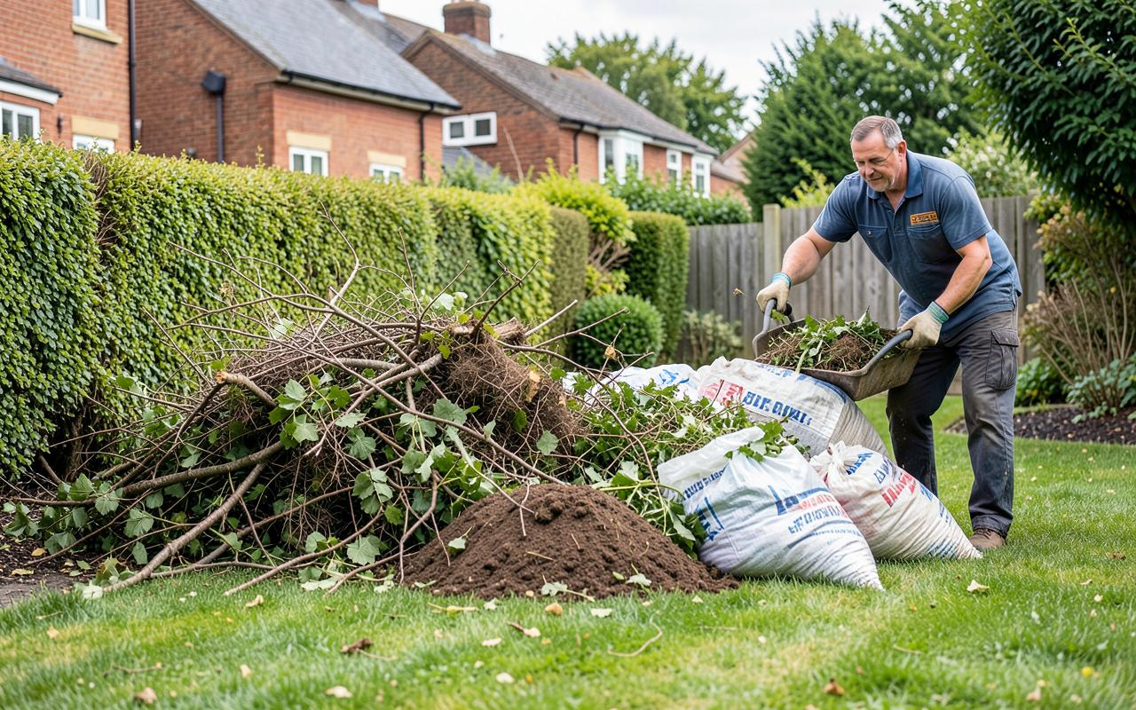 Hedge cuttings, branches, soil and bagged green waste piled in a garden ready for garden waste removal
