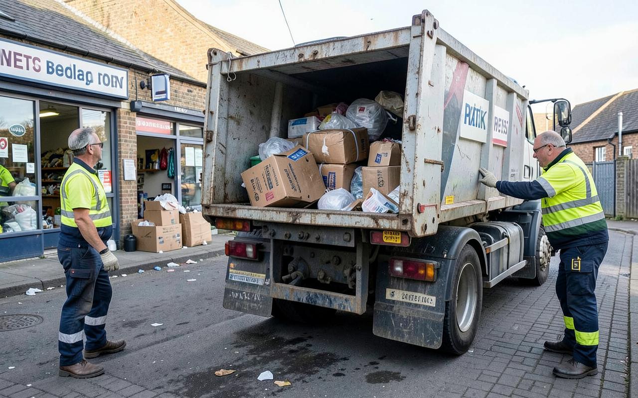 Trade waste and cardboard packaging being loaded into a caged tipper truck outside a shop