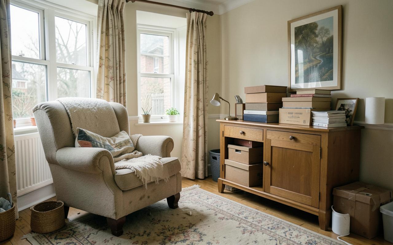 Quiet living room with an armchair, sideboard and boxes of belongings during a probate house clearance