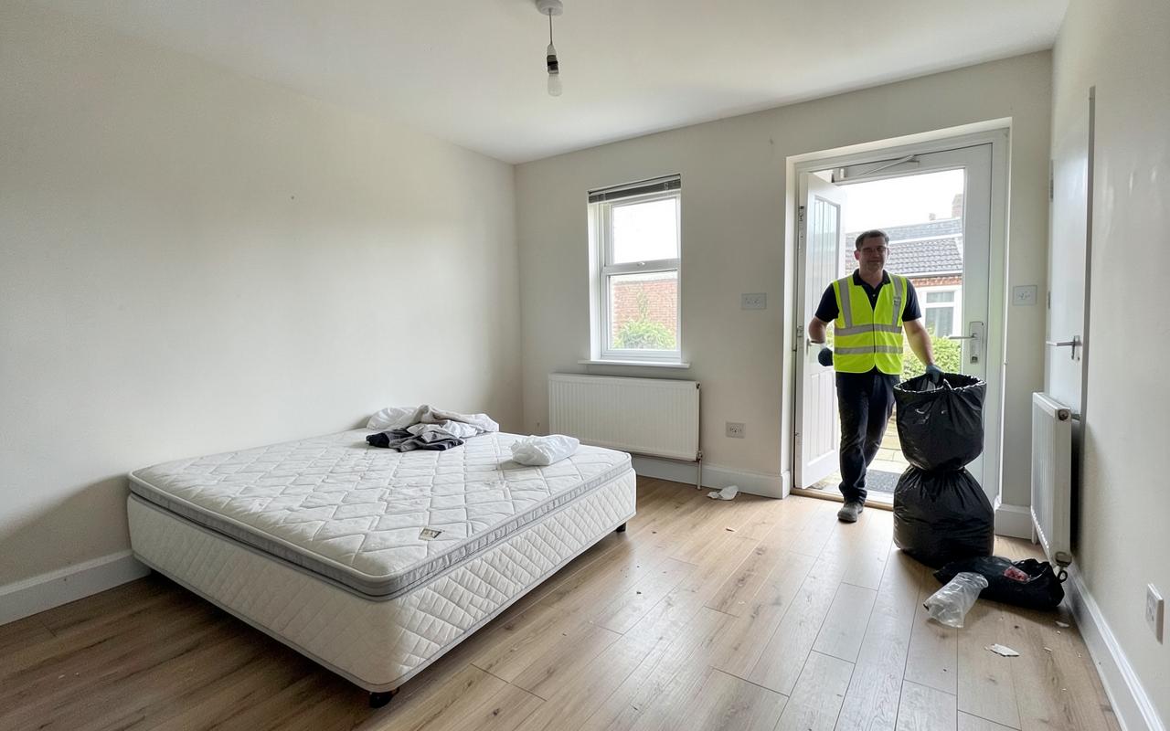Empty rental property with a leftover mattress and bin bags being removed during an end of tenancy clearance