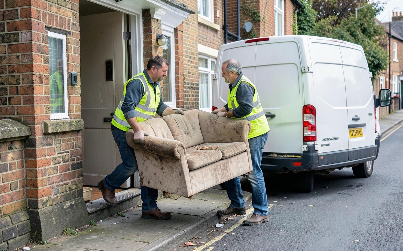 Two workers carrying an old sofa out of a house to a van for furniture removal and disposal
