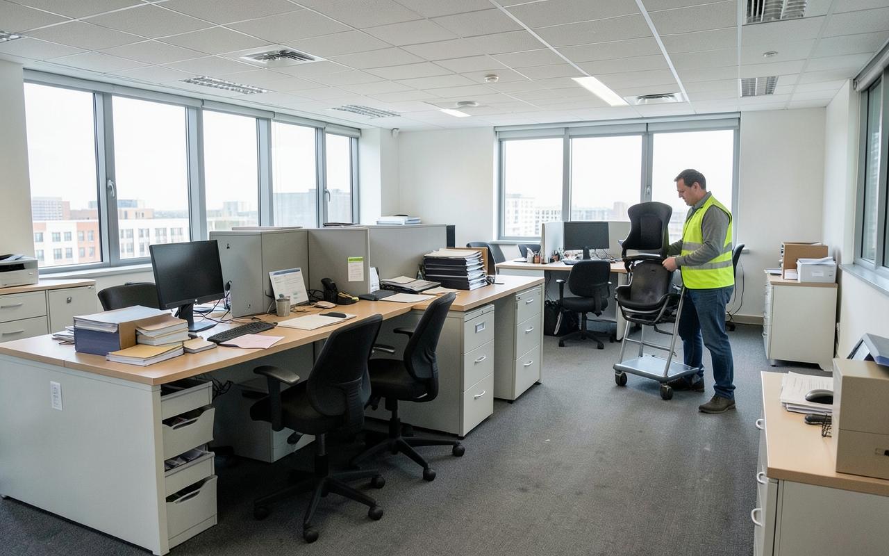 Office desks, chairs and filing cabinets being cleared from an open-plan office