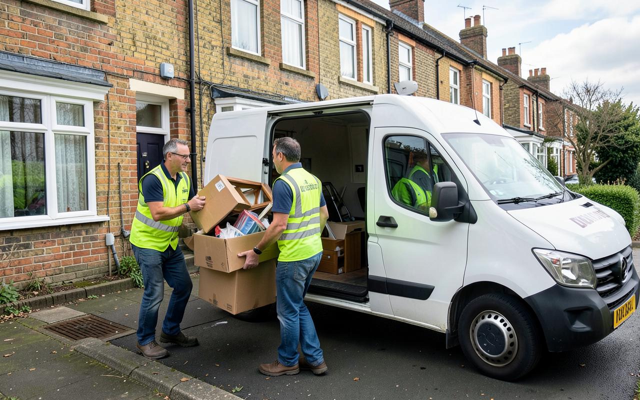 Apex crew carrying boxes and old furniture out of a terraced house during a house clearance in Wrexham