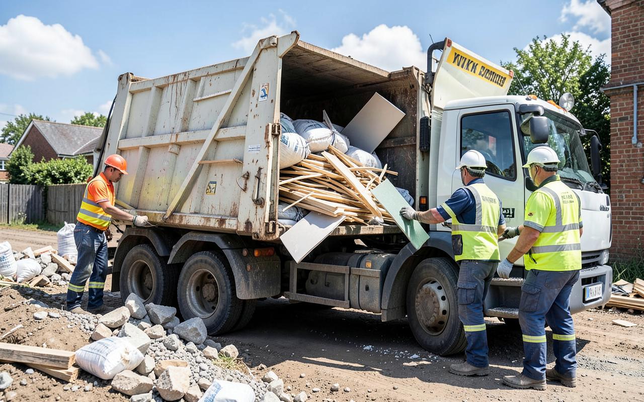 Rubble bags, timber offcuts and plasterboard loaded into a tipper truck on a building site