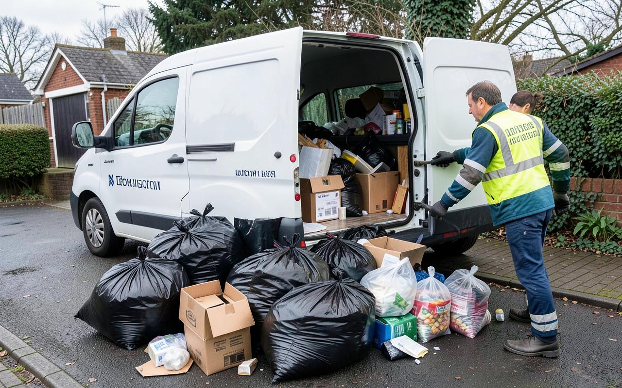 Black bags, boxes and household clutter being loaded into a van for man and van rubbish removal