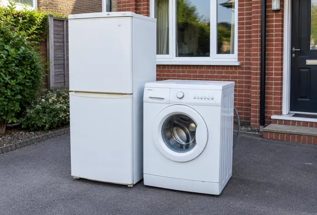Old fridge-freezer and washing machine outside ready for collection