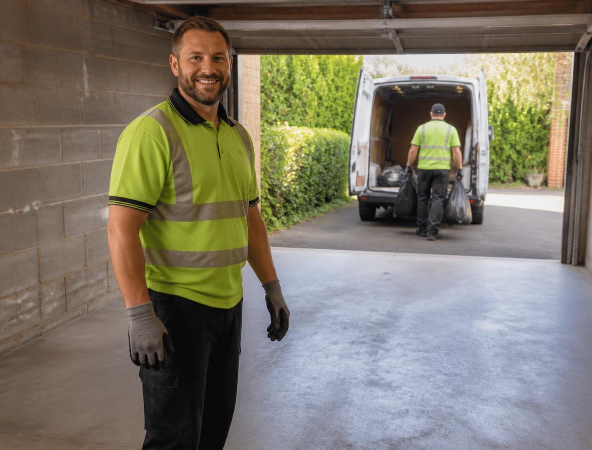 Apex Clearances crew member in a cleared domestic garage with a swept floor while a colleague loads bags into the van