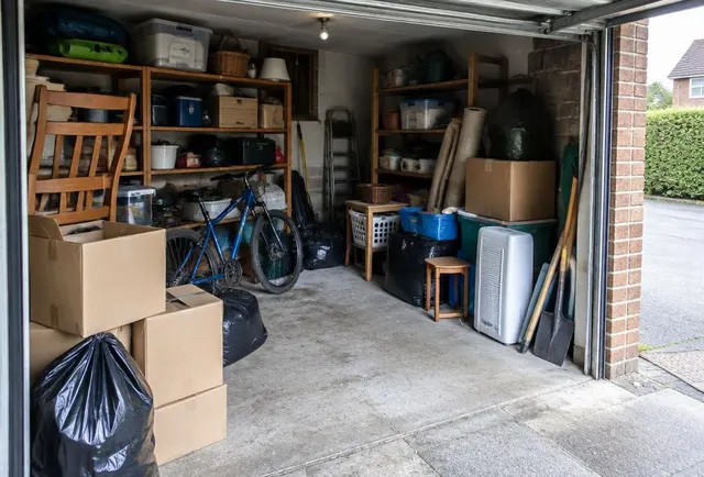 Cluttered garage with boxes and household items